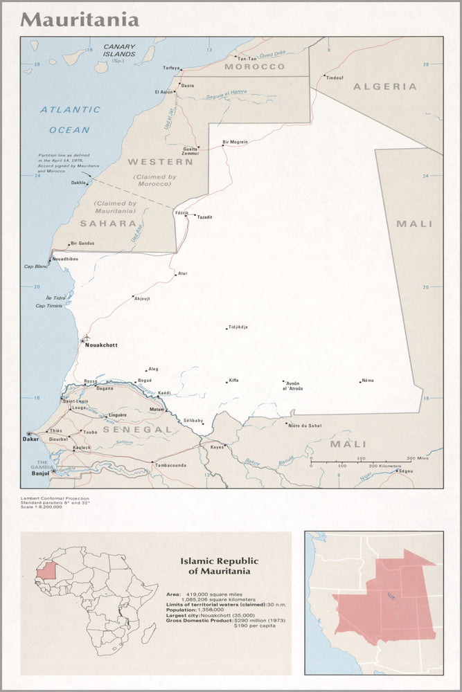 24"x36" Gallery Poster, cia map of Mauritania 1976