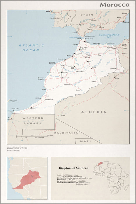 24"x36" Gallery Poster, cia map of Morocco 1976