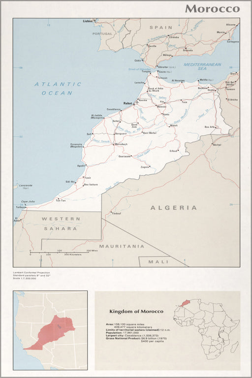 24"x36" Gallery Poster, cia map of Morocco 1976