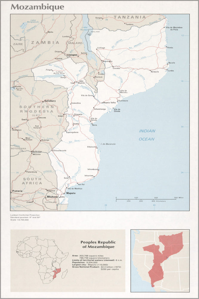 24"x36" Gallery Poster, cia map of Mozambique 1976