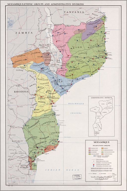 24"x36" Gallery Poster, cia map of Mozambique ethnic groups & admin 1964