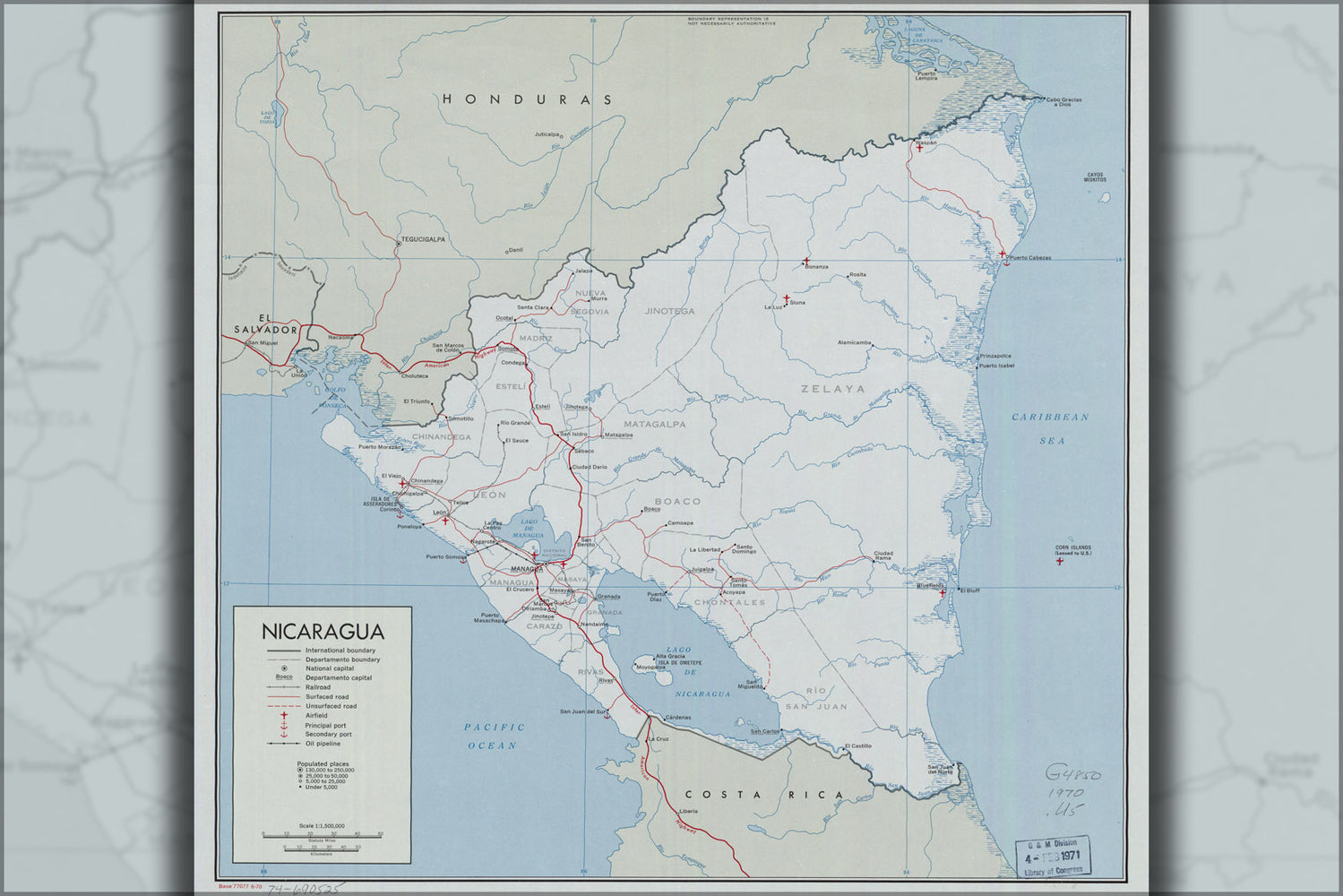 24"x36" Gallery Poster, cia map of Nicaragua 1970