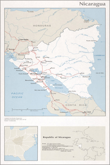 24"x36" Gallery Poster, cia map of Nicaragua 1976
