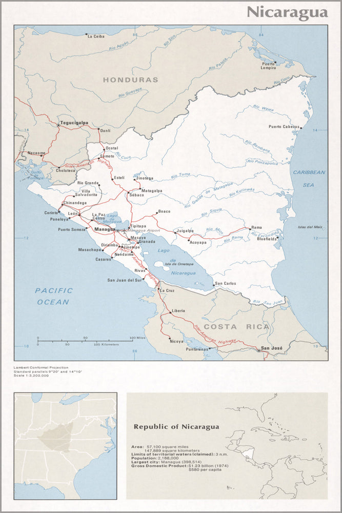 24"x36" Gallery Poster, cia map of Nicaragua 1976