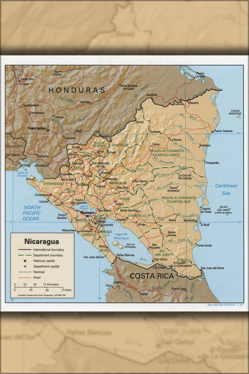 24"x36" Gallery Poster, cia map of Nicaragua 1997