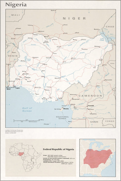 24"x36" Gallery Poster, cia map of Nigeria 1976