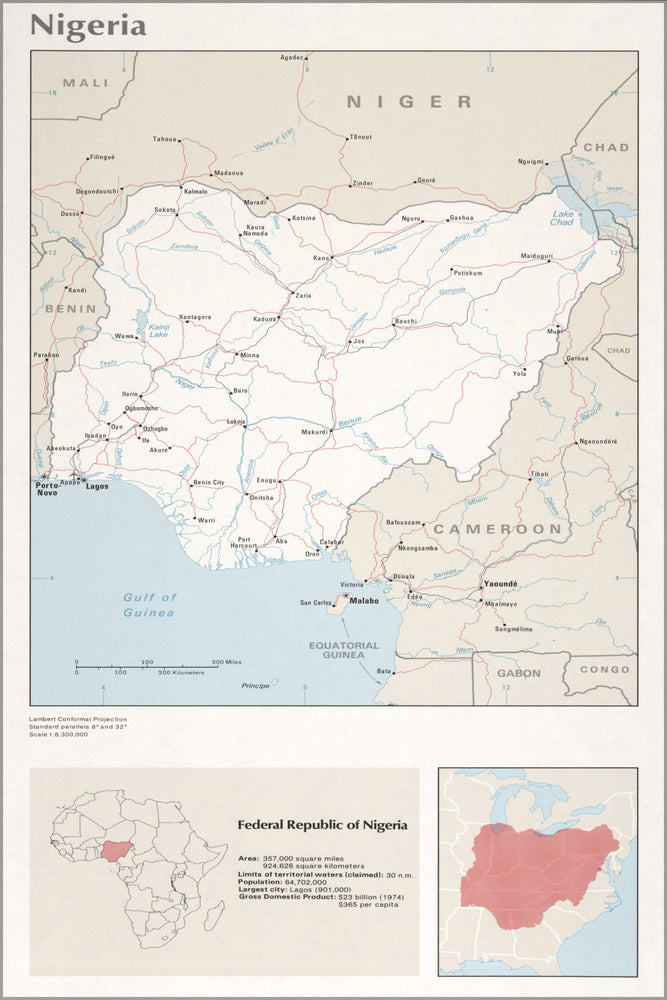 24"x36" Gallery Poster, cia map of Nigeria 1976