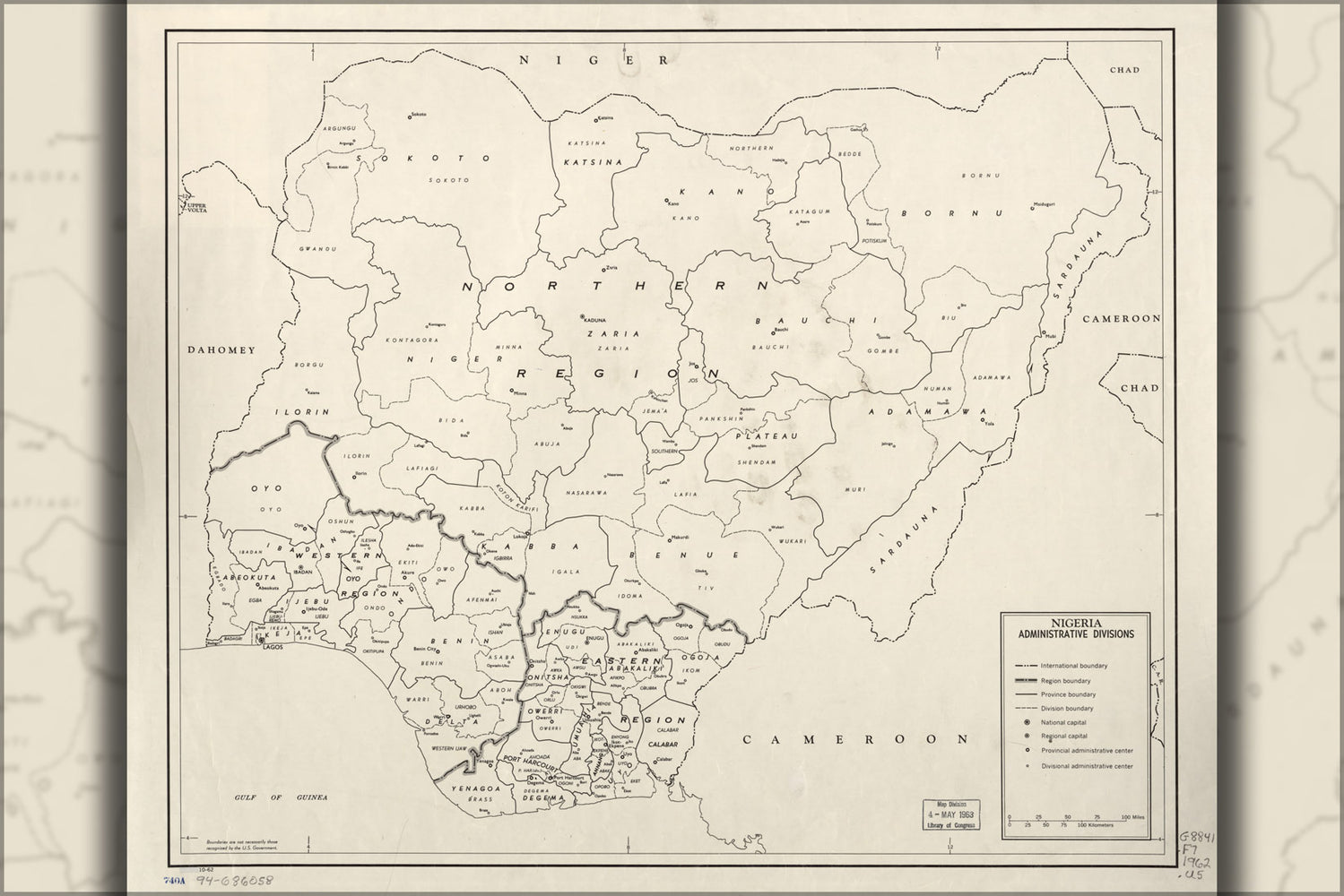 24"x36" Gallery Poster, cia map of Nigeria, admin divisions 1962