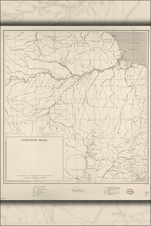 24"x36" Gallery Poster, cia map of Nw Brazil amazon river 1954