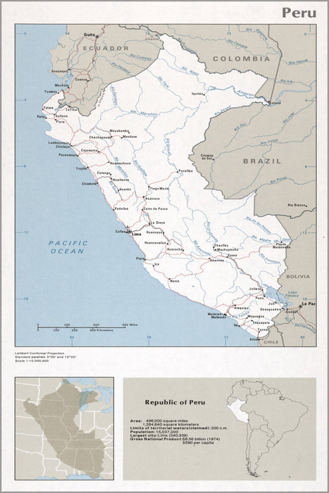 24"x36" Gallery Poster, cia map of Peru 1976
