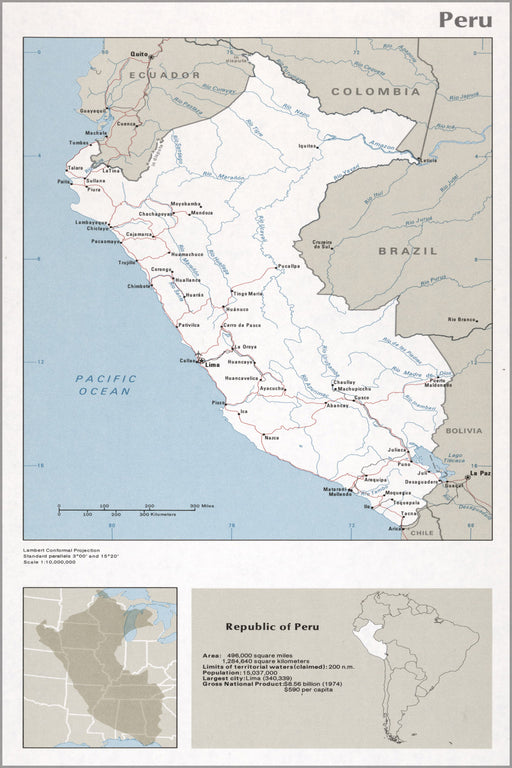 24"x36" Gallery Poster, cia map of Peru 1976
