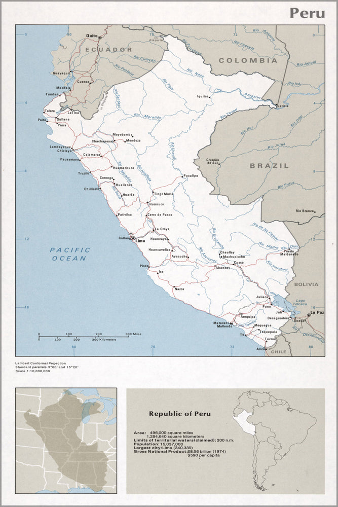 24"x36" Gallery Poster, cia map of Peru 1976
