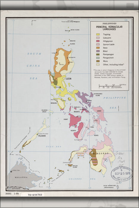 24"x36" Gallery Poster, cia map of Philippines, principal languages 1964