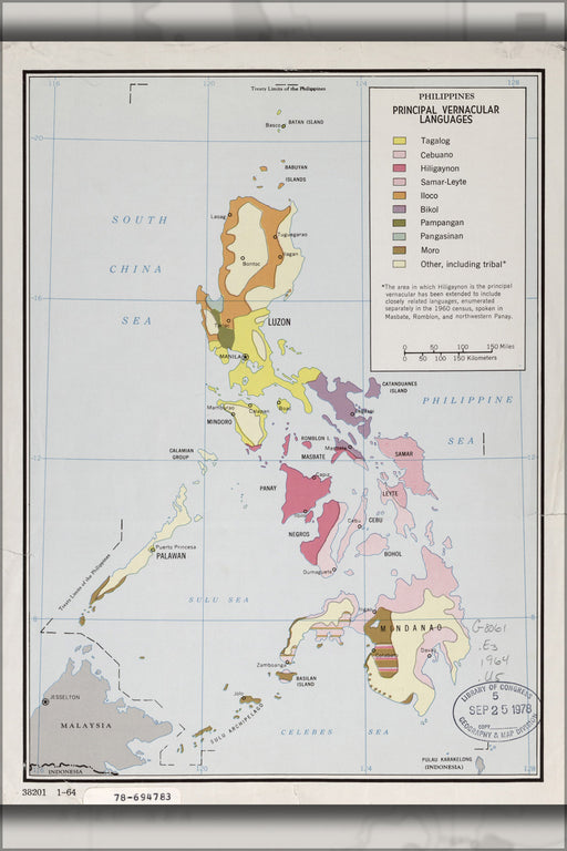 24"x36" Gallery Poster, cia map of Philippines, principal languages 1964