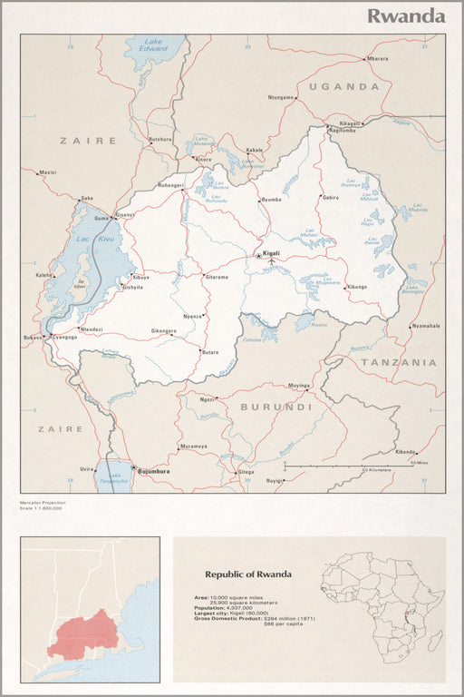 24"x36" Gallery Poster, cia map of Rwanda 1976