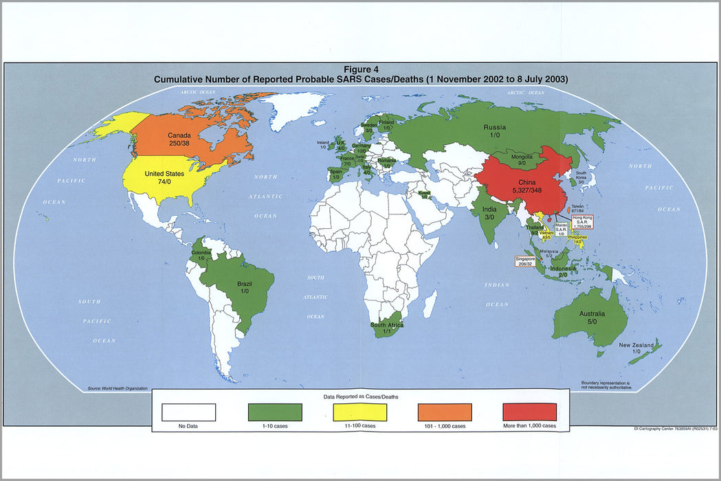24"x36" Gallery Poster, cia map of SARS cases deaths Nov 2002 - July 2003