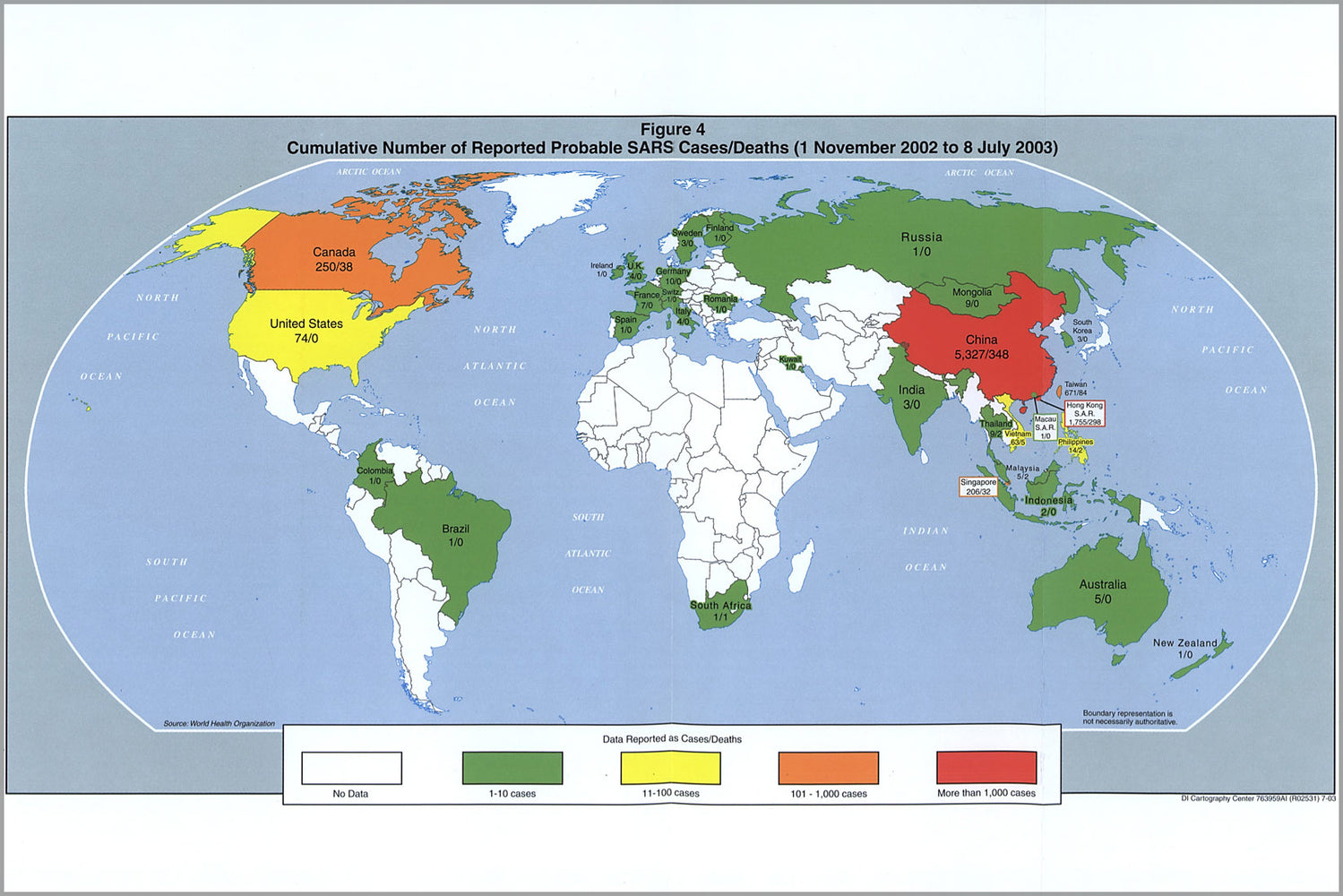 24"x36" Gallery Poster, cia map of SARS cases deaths Nov 2002 - July 2003