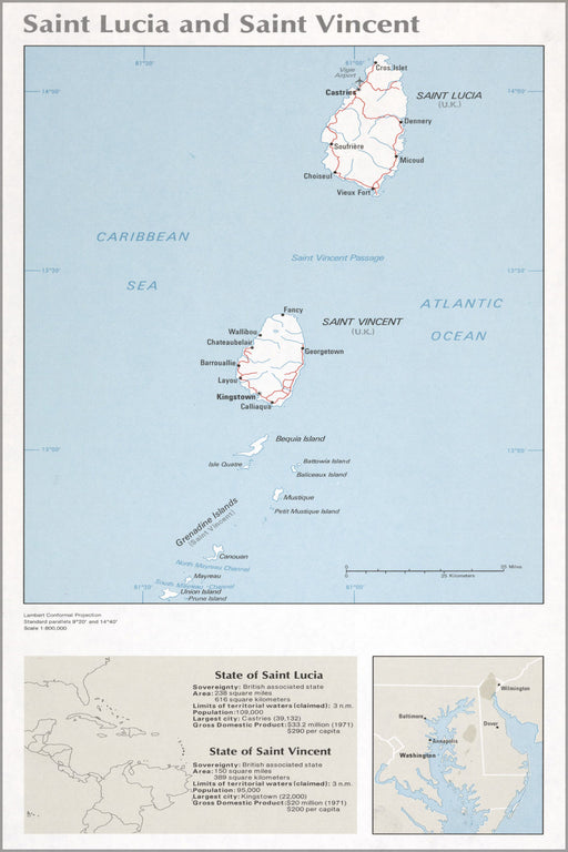 24"x36" Gallery Poster, cia map of Saint Lucia and Saint Vincent 1976