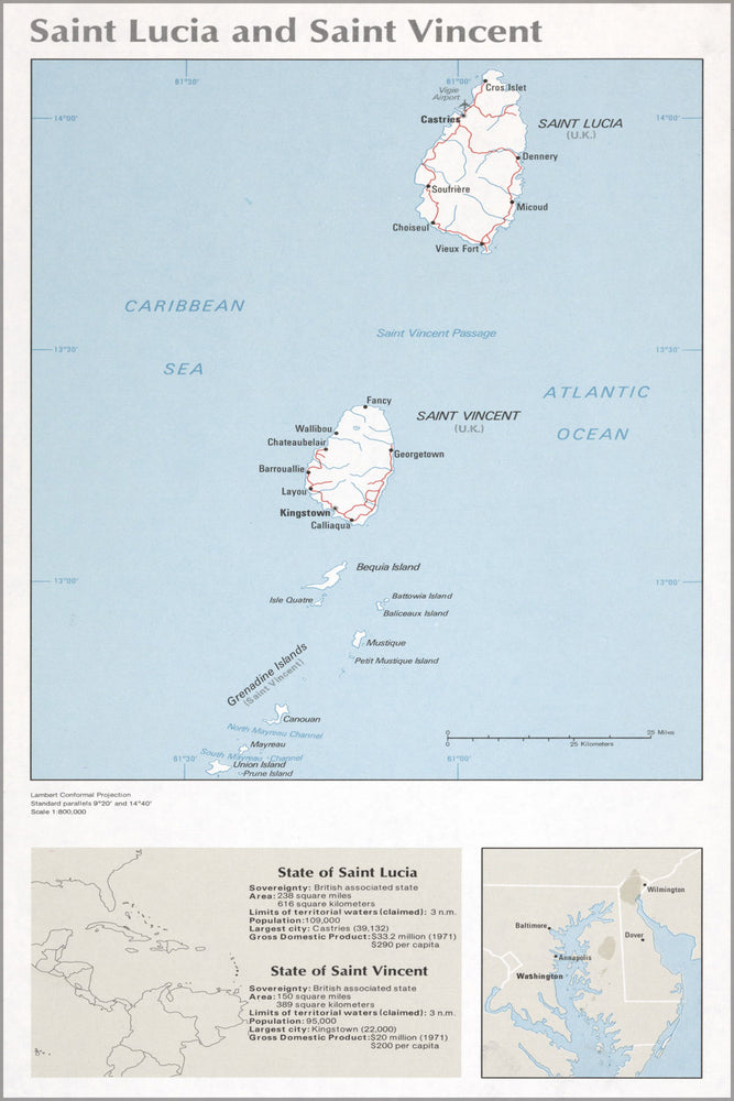 24"x36" Gallery Poster, cia map of Saint Lucia and Saint Vincent 1976