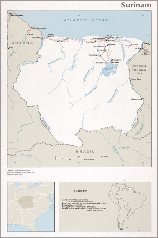 24"x36" Gallery Poster, cia map of Surinam 1976