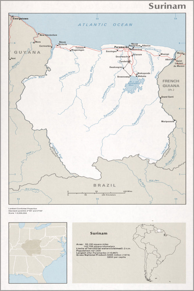 24"x36" Gallery Poster, cia map of Surinam 1976