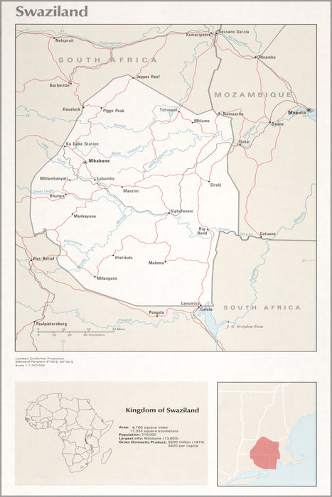 24"x36" Gallery Poster, cia map of Swaziland 1976