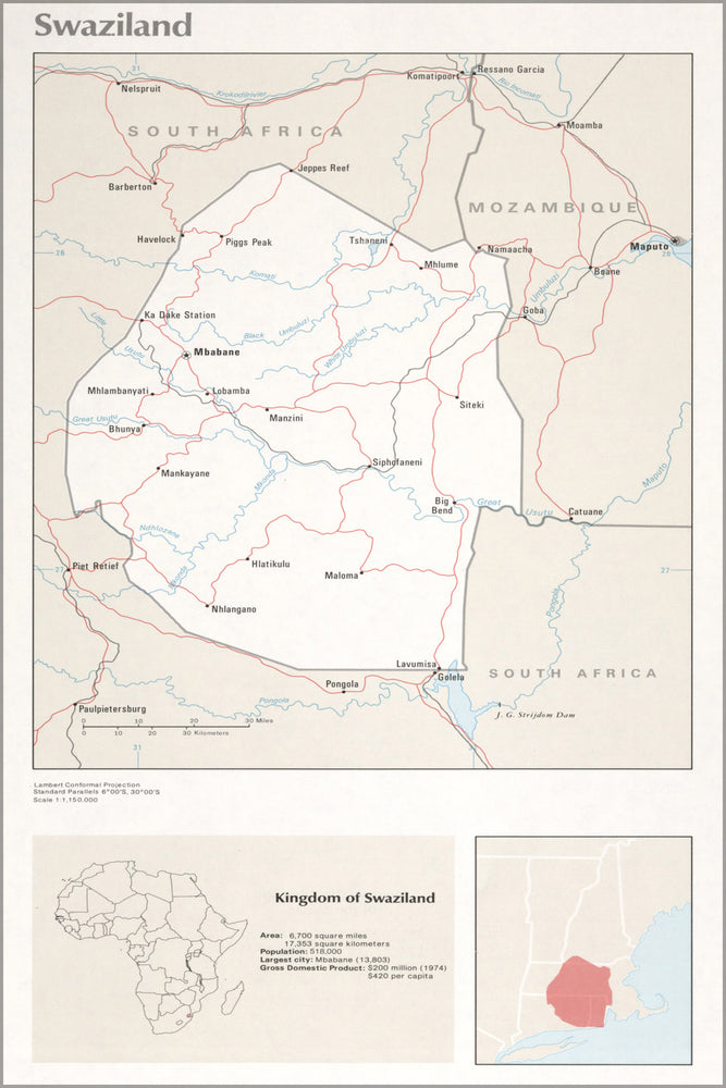 24"x36" Gallery Poster, cia map of Swaziland 1976