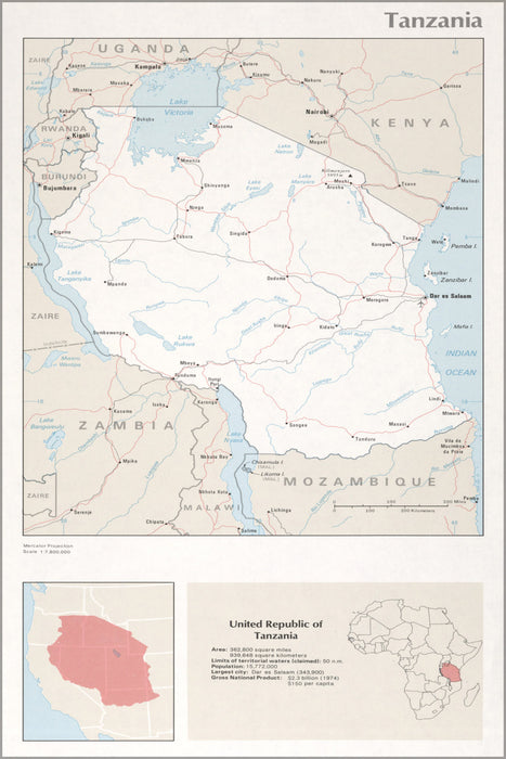 24"x36" Gallery Poster, cia map of Tanzania 1976