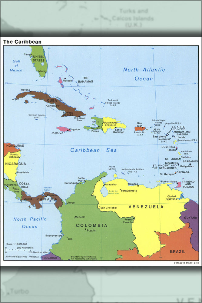 24"x36" Gallery Poster, cia map of The Caribbean 1990 cuba puerto rico