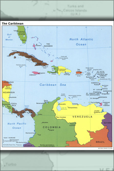 24"x36" Gallery Poster, cia map of The Caribbean 1990 cuba puerto rico