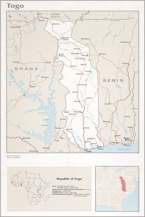 24"x36" Gallery Poster, cia map of Togo 1976