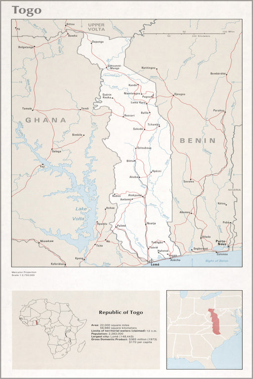 24"x36" Gallery Poster, cia map of Togo 1976