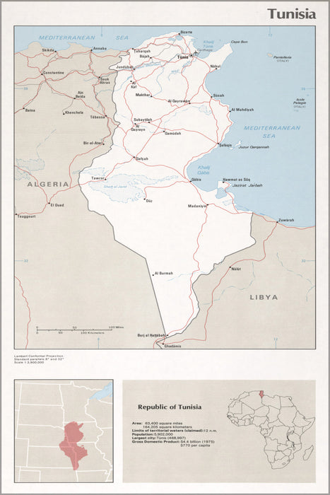 24"x36" Gallery Poster, cia map of Tunisia 1976