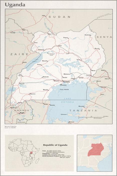 24"x36" Gallery Poster, cia map of Uganda 1976