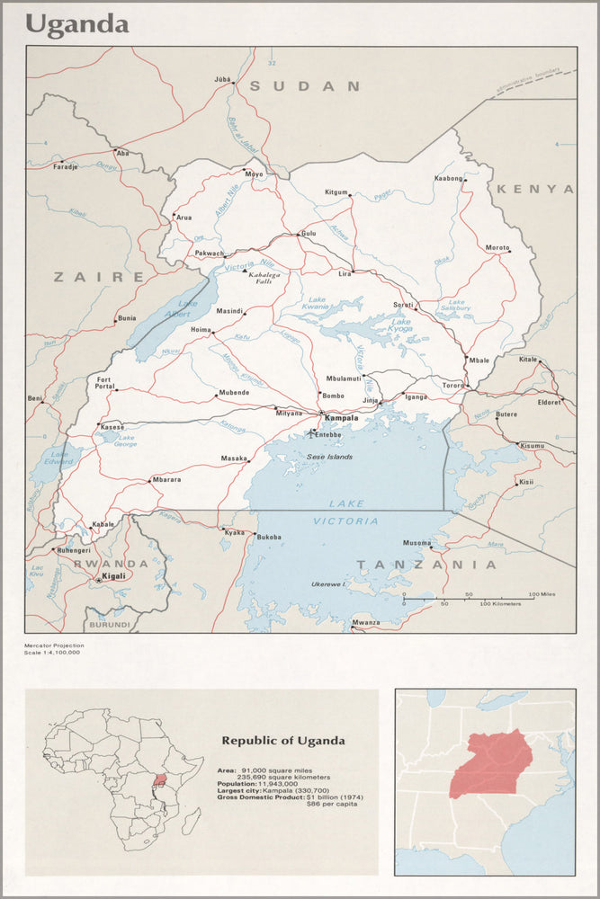 24"x36" Gallery Poster, cia map of Uganda 1976
