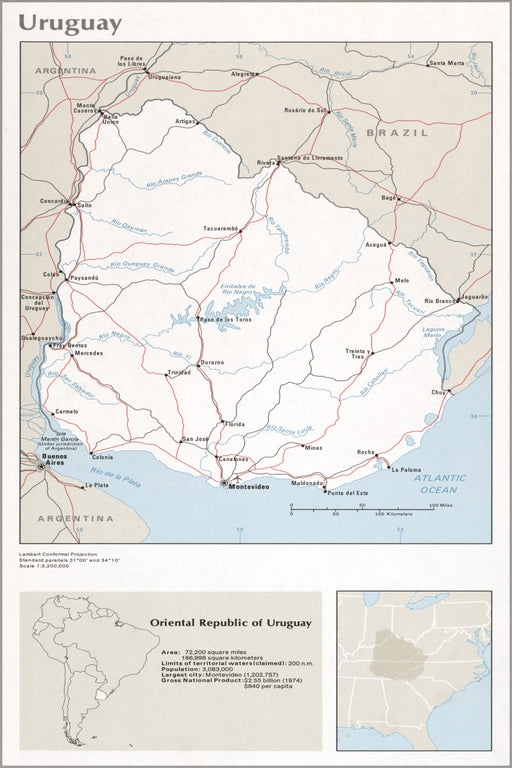 24"x36" Gallery Poster, cia map of Uruguay 1976