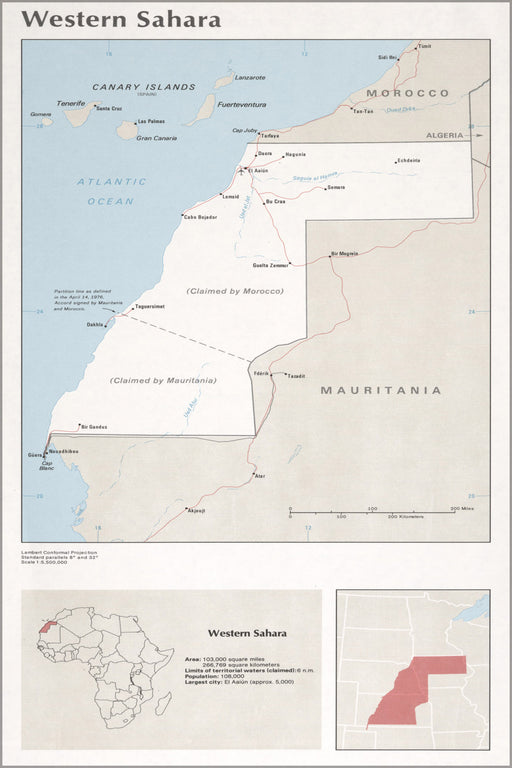 24"x36" Gallery Poster, cia map of Western Sahara 1976