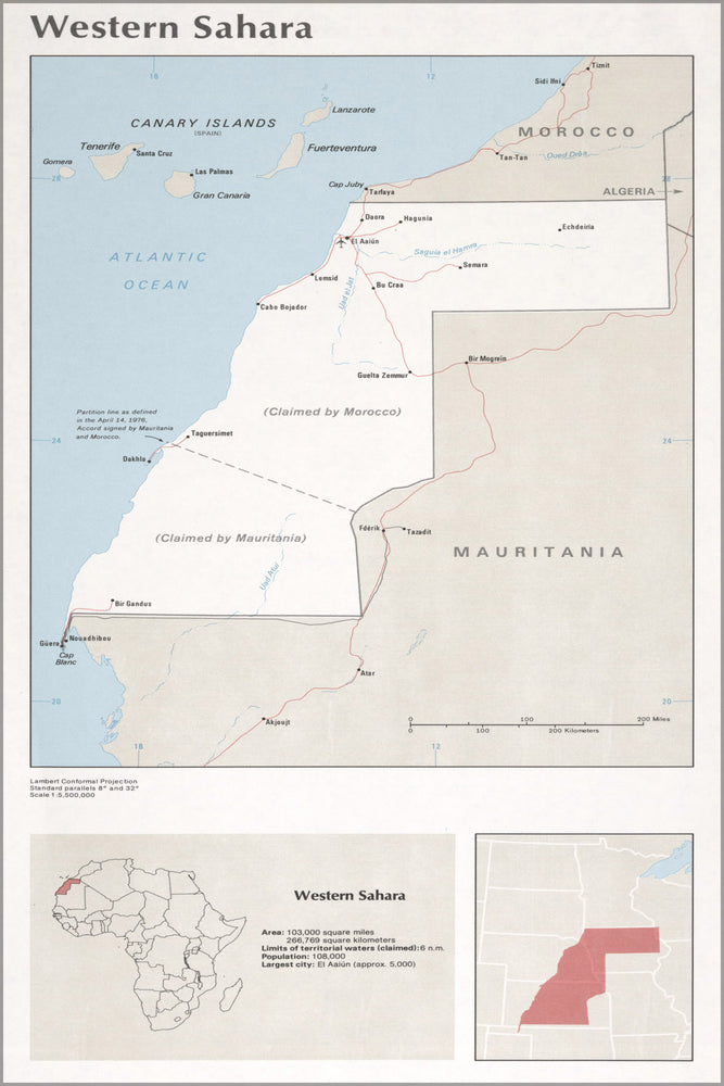 24"x36" Gallery Poster, cia map of Western Sahara 1976