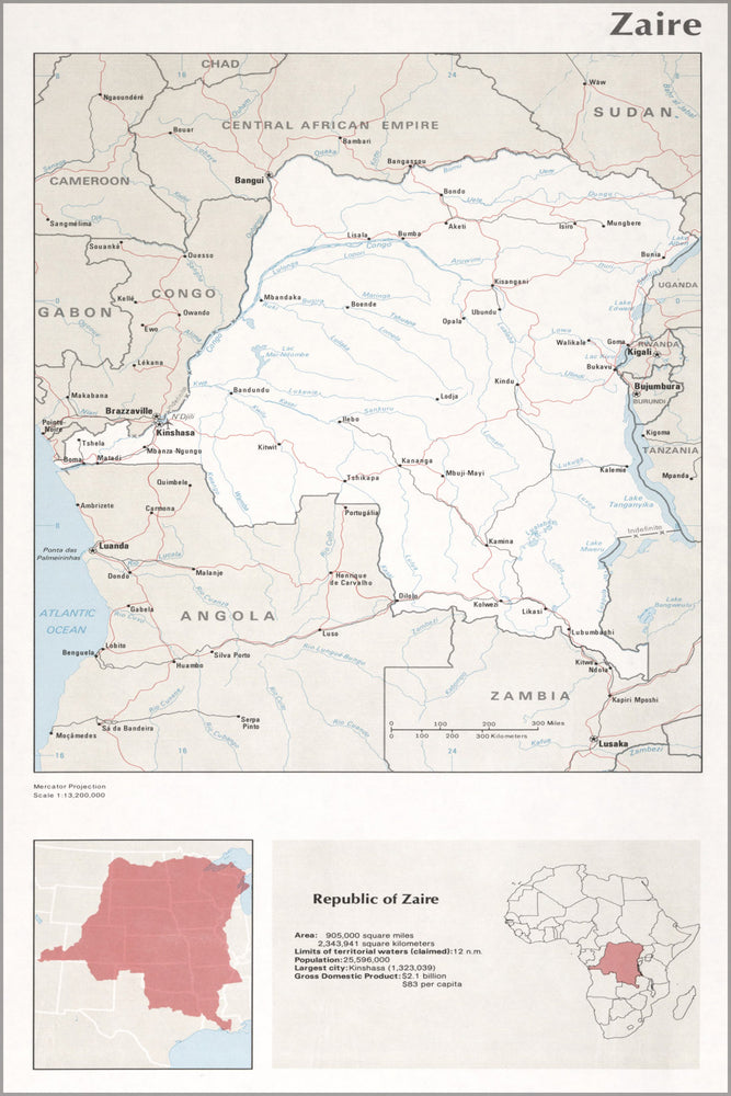 24"x36" Gallery Poster, cia map of Zaire 1976