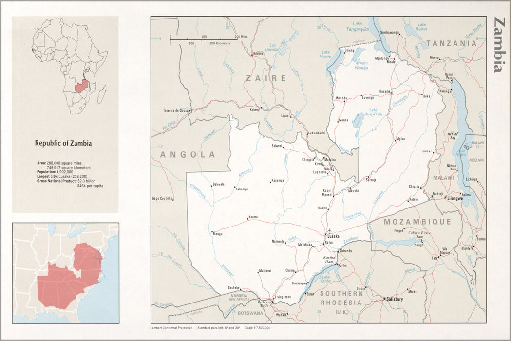 24"x36" Gallery Poster, cia map of Zambia 1976