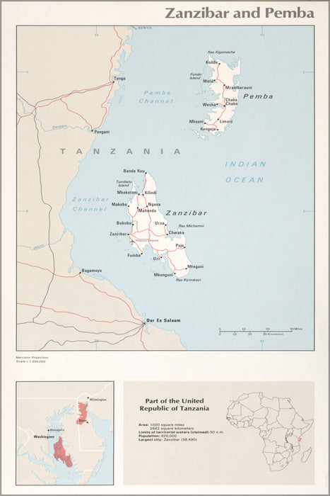 24"x36" Gallery Poster, cia map of Zanzibar and Pemba 1976