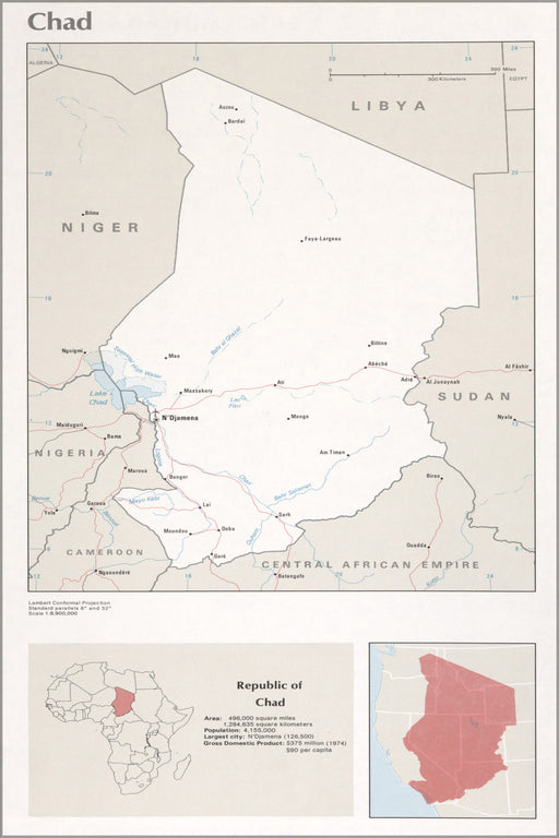 24"x36" Gallery Poster, cia map of chad 1976