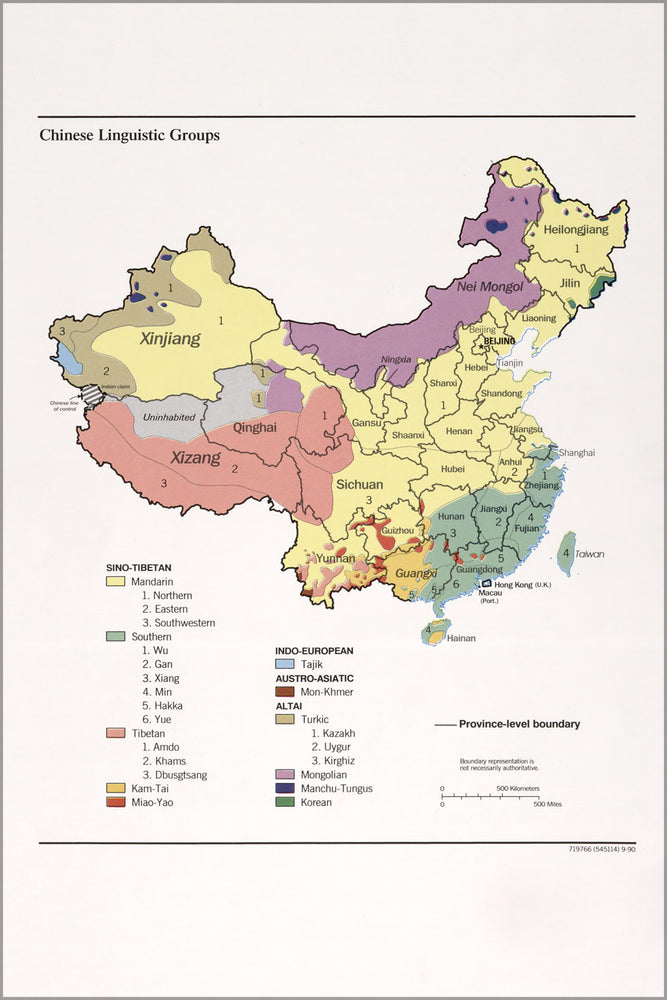 24"x36" Gallery Poster, cia map of china chinese linguistic groups