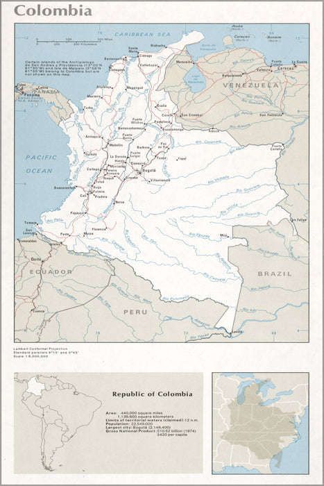 24"x36" Gallery Poster, cia map of colombia 1976