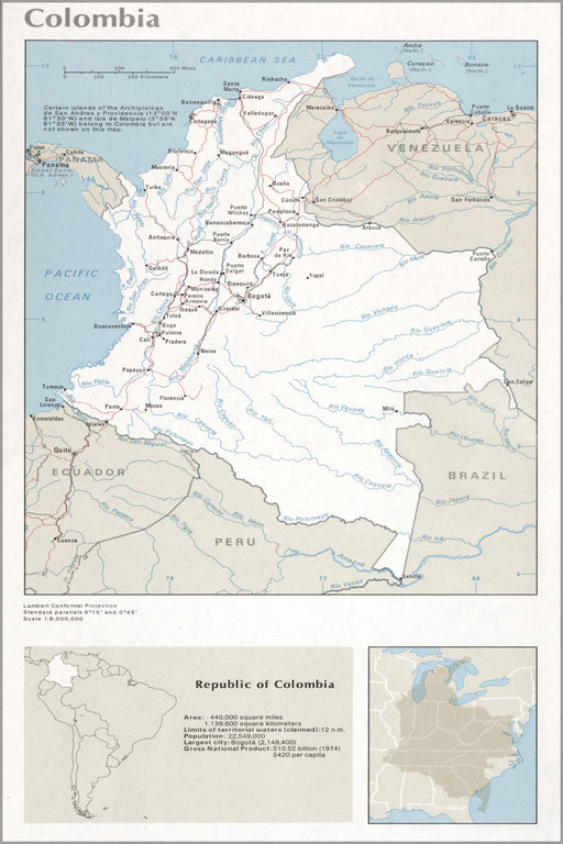 24"x36" Gallery Poster, cia map of colombia 1976