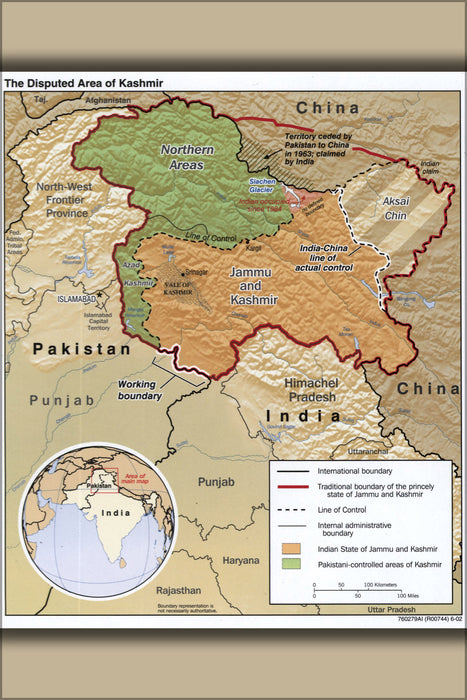 24"x36" Gallery Poster, cia map of disputed area of Kashmir 2002