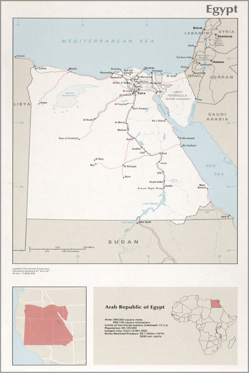24"x36" Gallery Poster, cia map of egypt 1976