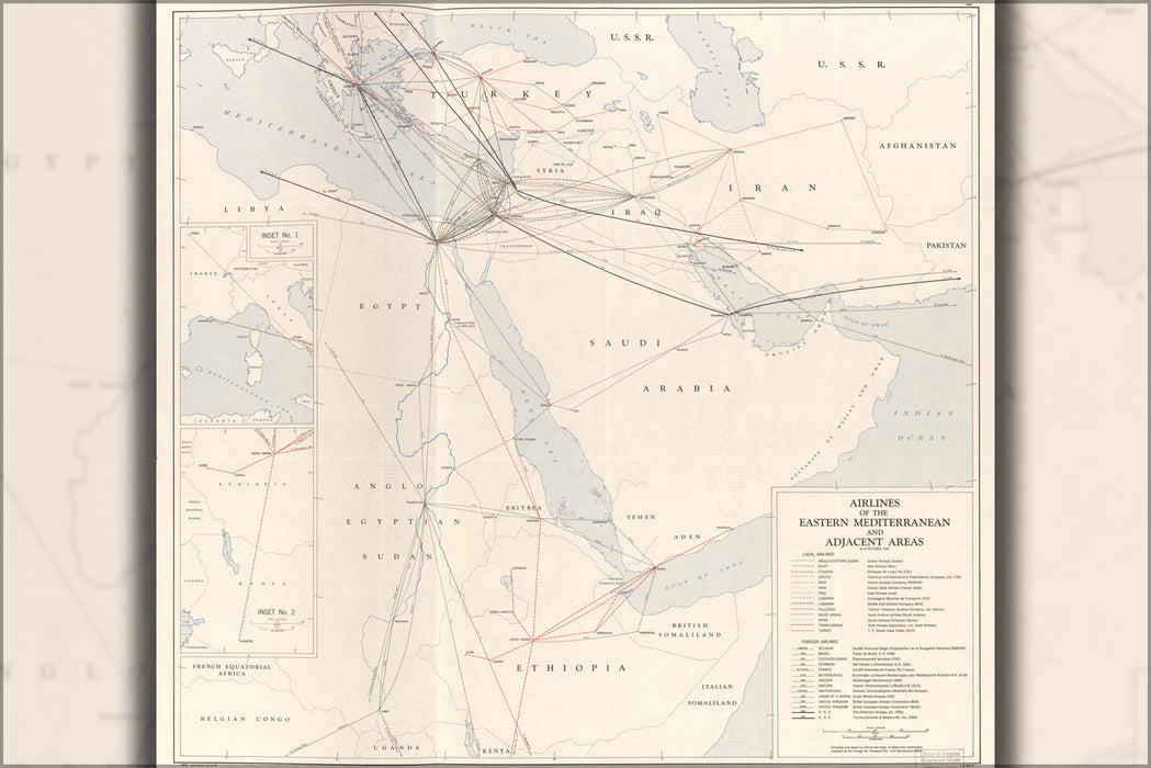 24"x36" Gallery Poster, cia map of egypt israel turkey iraq airlines 1948