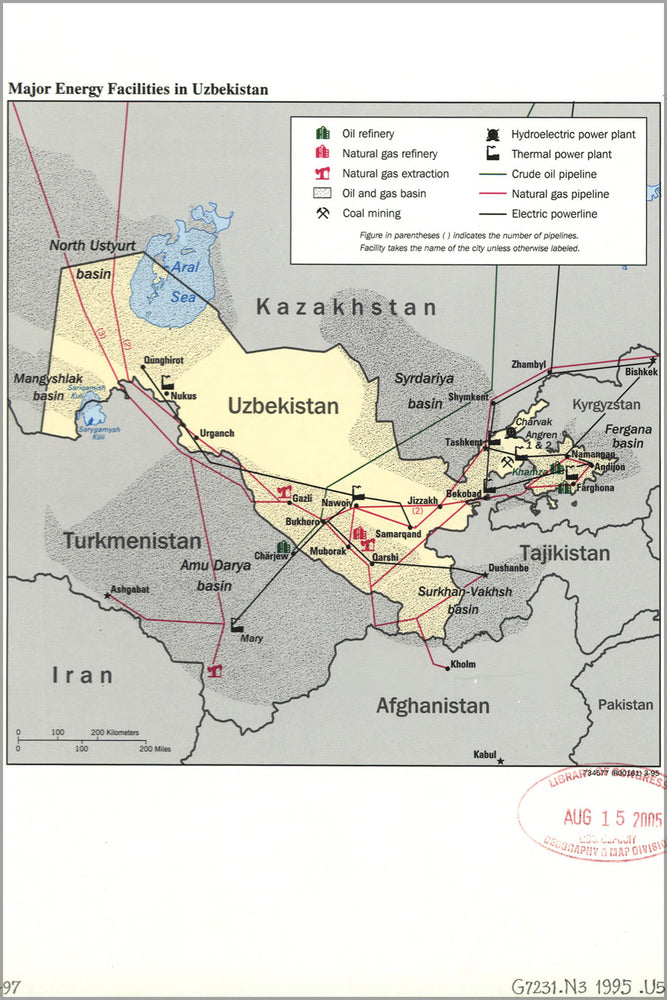 24"x36" Gallery Poster, cia map of energy facilities in Uzbekistan 1995
