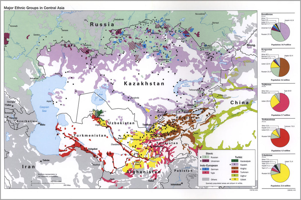 24"x36" Gallery Poster, cia map of ethnic groups in Central Asia 1993